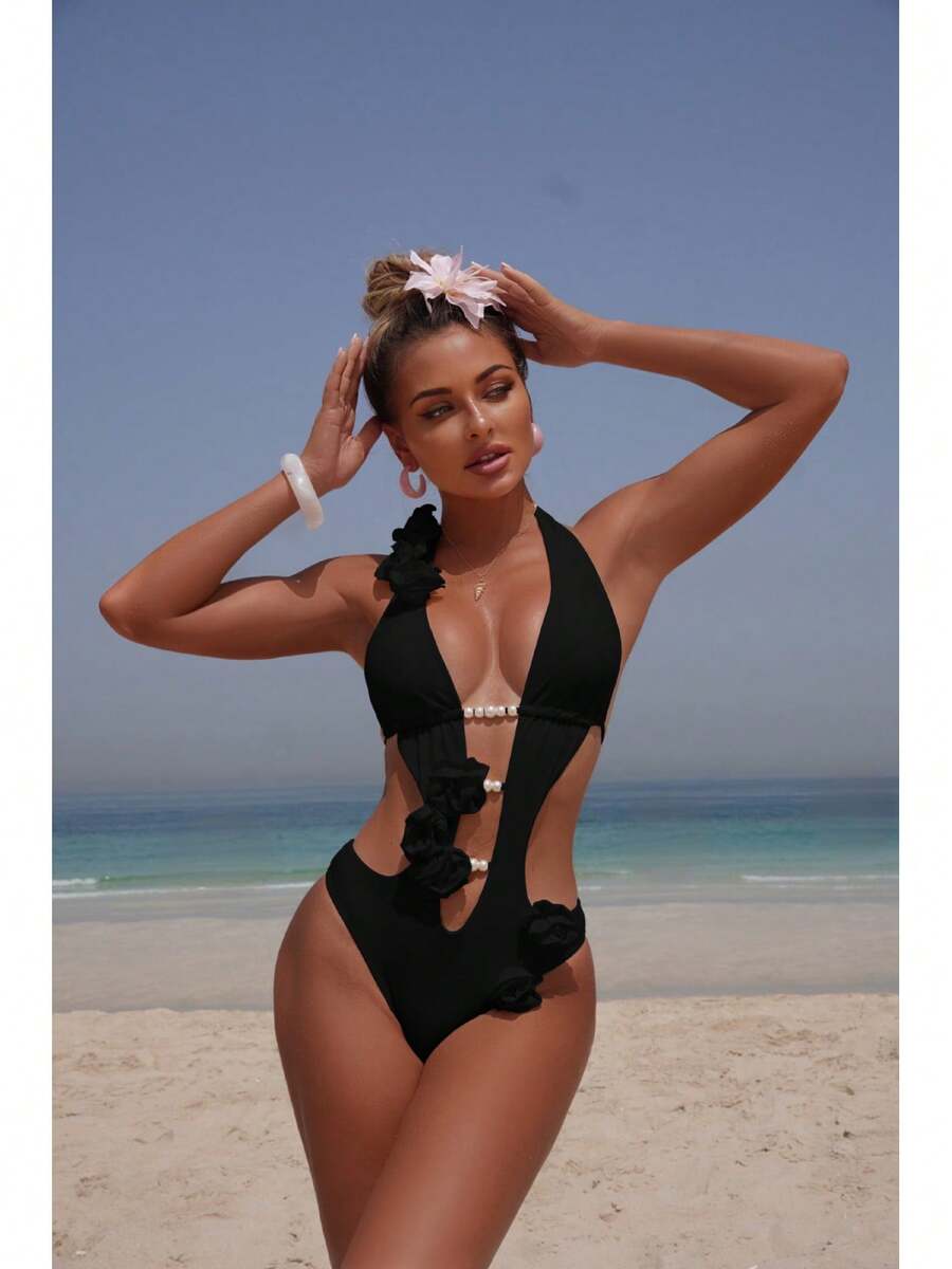 Bañador Sexy para Mujer de Una Pieza con Flores 3D, Diseño Cut-Out y Color Sólido – Estilo Moda - Traje de baño negro 9354 - Ver 1