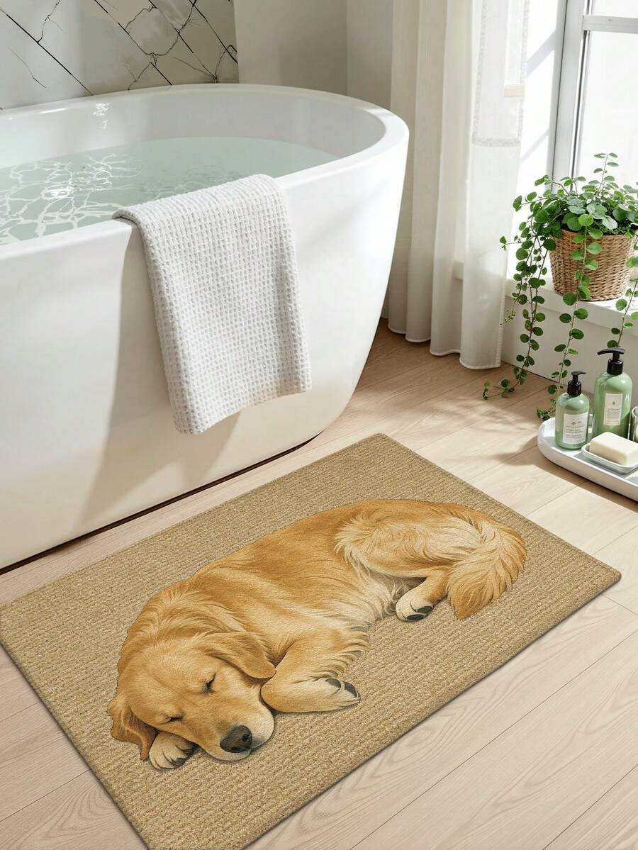 DAJIANG 1pc Cartoon Cute Dog Pattern Washable Non-Slip Doormat, Suitable For Bathroom, Kitchen, Corridor, Bedroom, Living Room, Outdoor, Indoor, Durable, Decorative For Winter, Valentine's Day - Golden Retriever Sleeping Soundly - View 1