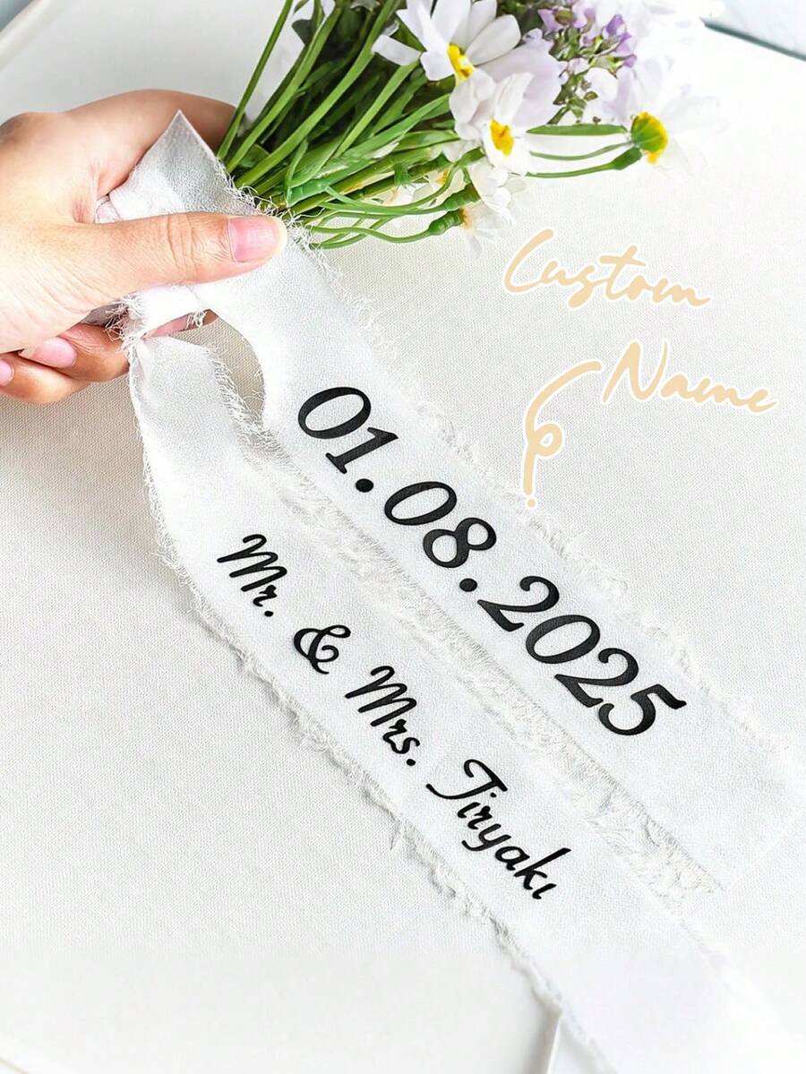 Personalized Wedding Floral Garland Ribbon - Customizable With Name And Date, Suitable For Bridal Shower, Birthday, Graduation Ceremony - Made Of Polyester, Elegant Design, Ideal For Wedding Guest Gifts And Celebration Decor, Refined Style, Well-Crafted