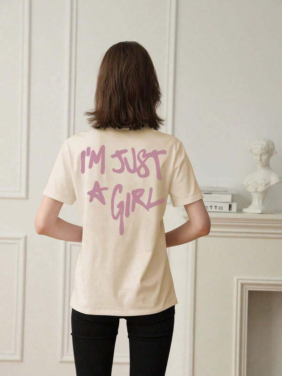 I'm Just Girl - Women's Summer T-Shirt, Urban Style, With Custom Letter Print, Crew Neck, Everyday Wear, Women's Top. Women's Pure Cotton Graphic T-Shirts - 杏色 - 查看 1