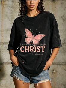 Lightweight 180g T-Shirt With Mormon Butterfly Design, Inspirational Gift, Suitable For Family Gatherings At Easter Church And Building Activities In The USA - Unisex Loose Cotton Short Sleeve Crew Neck T-Shirt, Urban Vintage Style. - 黑色 - 查看 7