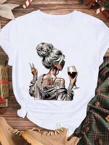 Elegante y casual para mujer, manga corta, camiseta para mujer con estampado de copa de vino y símbolo de paz, ropa casual negra para el uso diario en verano y primavera. - Blanco - Ver 3