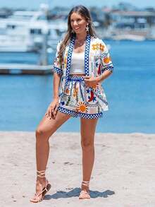 Conjunto de kimono de algodón blanco con arrugas + shorts, conjunto casual de vacaciones para primavera/verano - Multicolor 4 - Ver 5