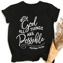 Camiseta con Estampado de Letras "Con Dios Todas las Cosas Son Posibles" para Mujer, Camiseta de Moda con Jesús Cristo, Camisetas Gráficas Religiosas Cristianas para Damas - Negro - Ver 6