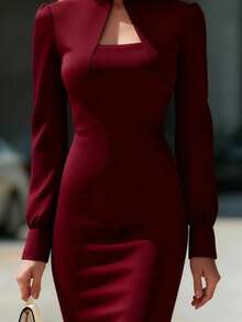 Elegant Dress With High Neck, Long Sleeves, 2026, Fitted Cut Ideal For Office And Parties - 酒紅色 - 查看 3