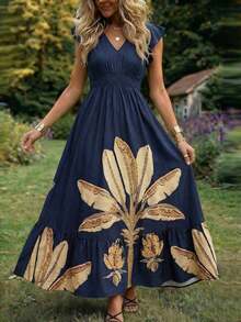 Vestido largo elegante de mujer con cintura fruncida y volantes, vestido de verano para vacaciones, vestido para citas - Multicolor - Ver 9