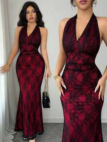 xheRafferiza Elegante vestido largo de punto con malla, cuello en V, cintura fruncida y bajo de cola de pez con forro rojo rosa para mujeres, otoño/inviernoxhe - Multicolor 5 - Ver 1