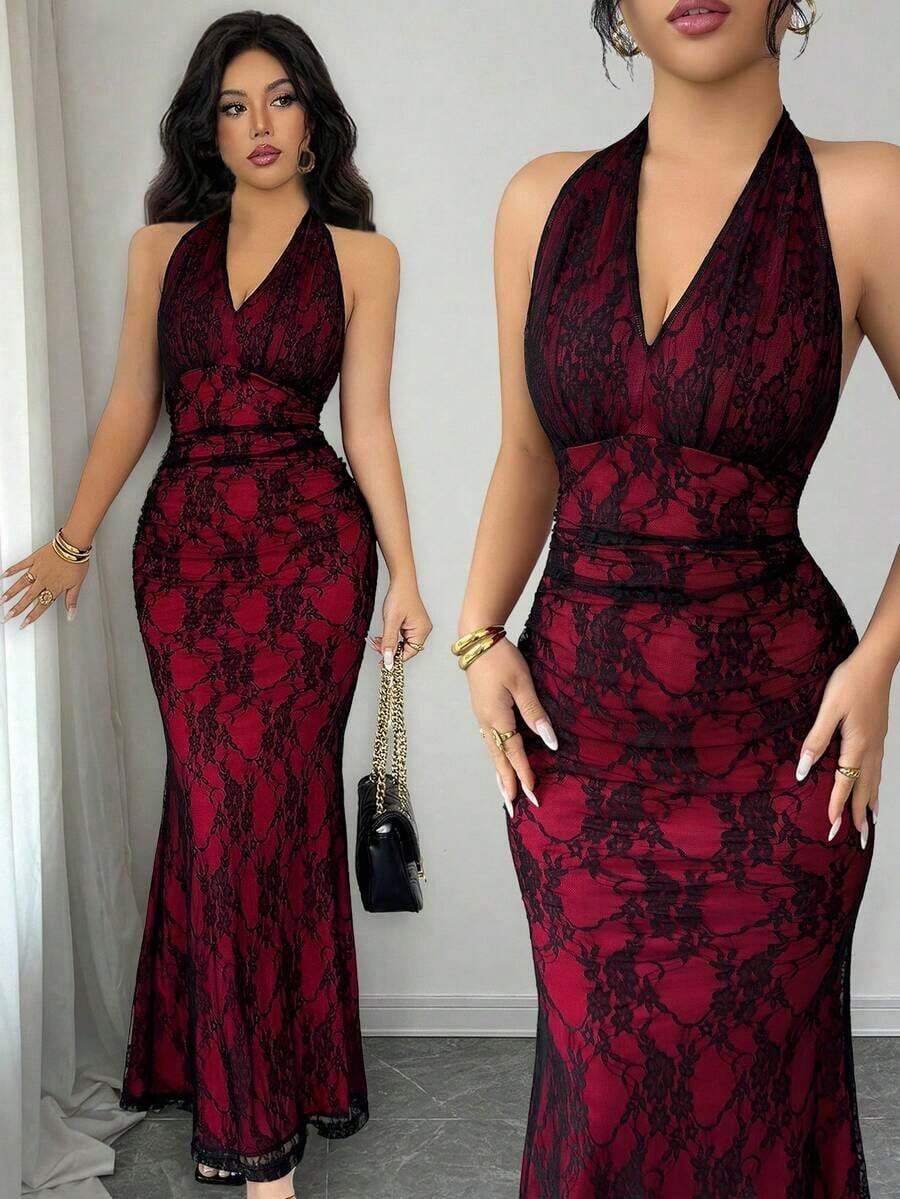 xheRafferiza Elegante vestido largo de punto con malla, cuello en V, cintura fruncida y bajo de cola de pez con forro rojo rosa para mujeres, otoño/inviernoxhe - Multicolor 5 - Ver 1
