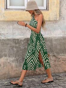 Vestido de verano con estampado geométrico, un solo hombro, calado, cordón y abertura alta para vacaciones - Verde - Ver 1