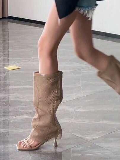 Sommer Hoher Schaft Stiefel mit Hohldesign, modisches vielseitiges Design, offene Zehenpartie aus Netzstoff, Frauen Langschaft Stiefel mit hohem Absatz