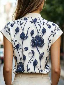 Camisa de mujer casual de unicolor y cómoda con cuello de muesca, para verano - Azul - Ver 2