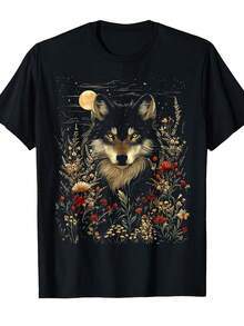 Camisa de hombre, holgada y cómoda, camisa de mujer con diseño floral místico boho de Black Wolf y Full Moon Genius Urban  Style, camisa de mujer cómoda con cuello redondo, diseño unisex y mangas, camisas de hombre, camisas para todas las estaciones - camisas con estampados llamativos - camisas lavables a máquina. - Negro - Ver 1