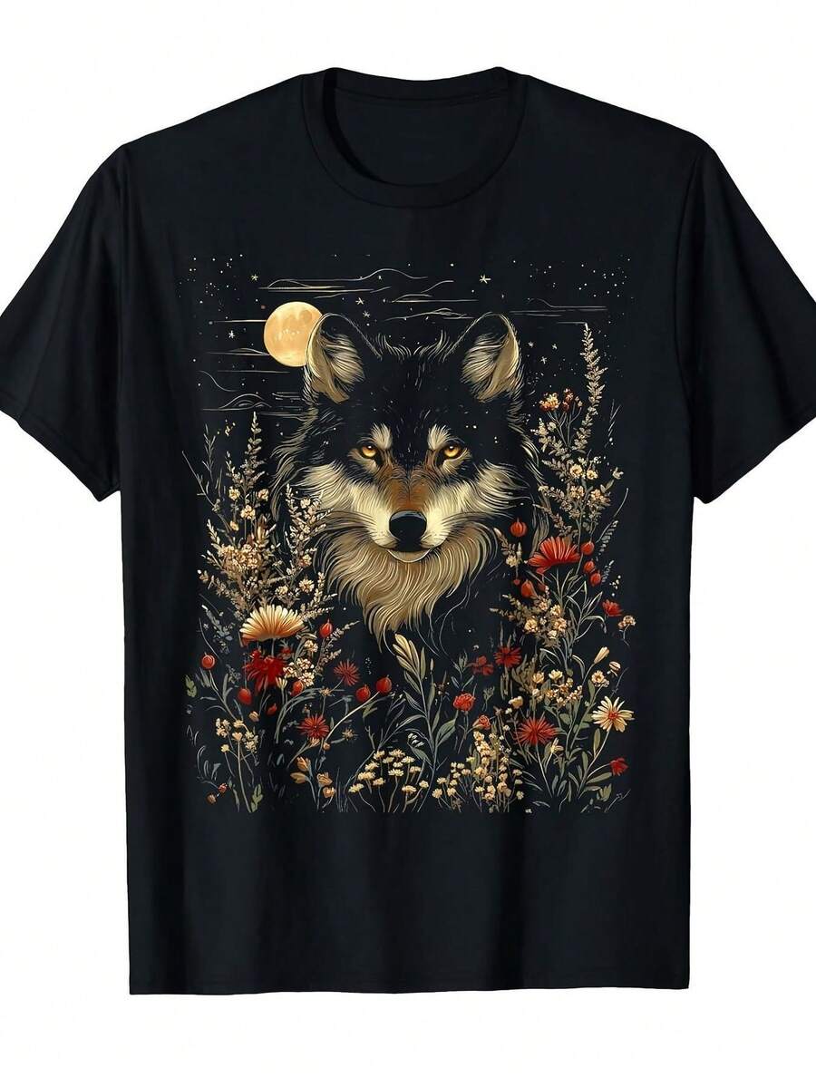 Camisa de hombre, holgada y cómoda, camisa de mujer con diseño floral místico boho de Black Wolf y Full Moon Genius Urban  Style, camisa de mujer cómoda con cuello redondo, diseño unisex y mangas, camisas de hombre, camisas para todas las estaciones - camisas con estampados llamativos - camisas lavables a máquina. - Negro - Ver 1