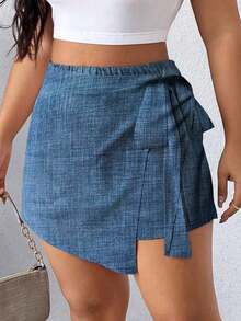Falda pantalón informal de aspecto de mezclilla con doblez asimétrico y nudo lateral para mujer talla grande - Niebla azul - Ver 7