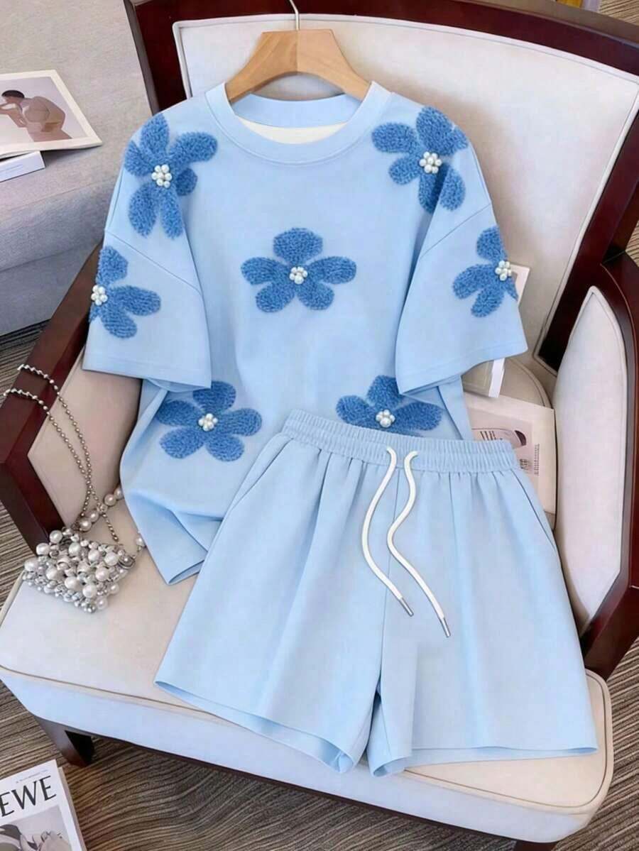 informal de 2 piezas de camiseta de manga corta con cuello redondo y estampado de letras, y shorts para mujer - Multicolor 2 - Ver 1