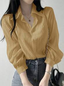 Blusa suelta de unicolor con cuello vuelto y pliegues para mujer, color morado, para primavera/verano/otoño, ropa de mujer de manga larga - Amarillo - Ver 3