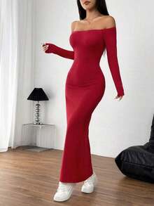Vestido rojo sexy de hombros descubiertos con abertura lateral alta - Rojo - Ver 5