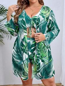 Conjunto de traje de baño estampado tropical de talla grande top de tirantes con cordón y kimono de verano para mujer moda 3 piezas - Turquesa - Ver 1