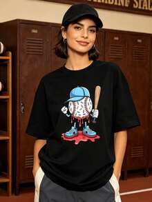 Camiseta de manga corta con cuello redondo suave y casual de verano para mujer, estilo béisbol, universitario, tops para salir, algodón, vintage, estilo callejero europeo y americano, casual deportivo, estilo unisex, estilo casual urbano, tops bonitos, Gen Z, curvas, ropa Y2K, camisetas divertidas, tops para damas, conjuntos de vacaciones para mujer, top lindo, camiseta gráfica, conjuntos de primavera, camisetas holgadas, ropa de calle retro, estilo de los 90, estilo de los 2000, subcultura, top negro, tops blancos, conjunto de fiesta de los 90. Blanco - Negro - Ver 3