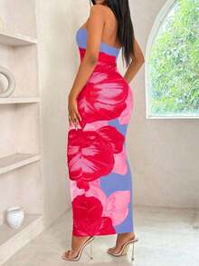 Vestido maxi floral estampado sin tirantes de moda para mujer - Azul 2 - Ver 5