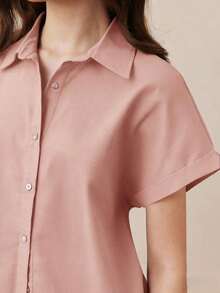 Nueva llegada Camisa casual de manga corta con botones delanteros de unicolor, adecuada para uso diario, primavera/verano - Rosa vieja - Ver 7
