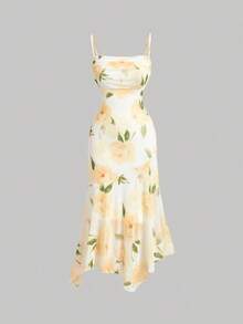 Vestido Camisero Elástico de Mujer con Estampado Floral Romántico, Bajo Asimétrico y Escote Fruncido - Amarillo - Ver 6