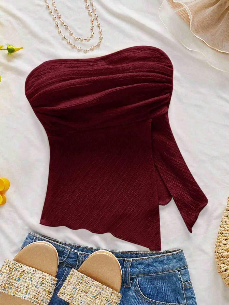 Top de tubo plisada de estilo elegante, romántico y elegante para uso diario, de color amarillo, adecuada para fiestas, vacaciones en la playa, vuelta al colegio, citas románticas, temporada de bodas, cumpleaños, Pascua, primavera/verano - Burdeos - Ver 1