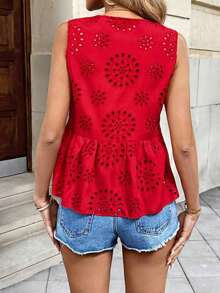 Blusa sin mangas de mujer estilo francés casual con cuello en V, encaje floral calado y lazo en rojo - Rojo - Ver 2