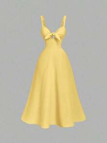 Vestido de mujer de unicolor con nudo delantero, elegante, con tirantes finos y de largo medio - Amarillo claro - Ver 3
