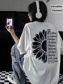 Women's Short-Sleeved T-Shirt, Custom Letter Print, White Round Neck, Loose Fit, Modern And Versatile For Spring And Summer - 白色 - 查看 2