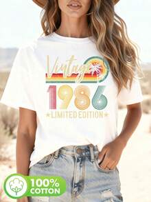Limited Edition T-Shirt With 1986 40th Anniversary Print, Short Sleeve, Round Neck, Casual Style For Summer And Spring, Women's Clothing. - 白色 - 查看 11