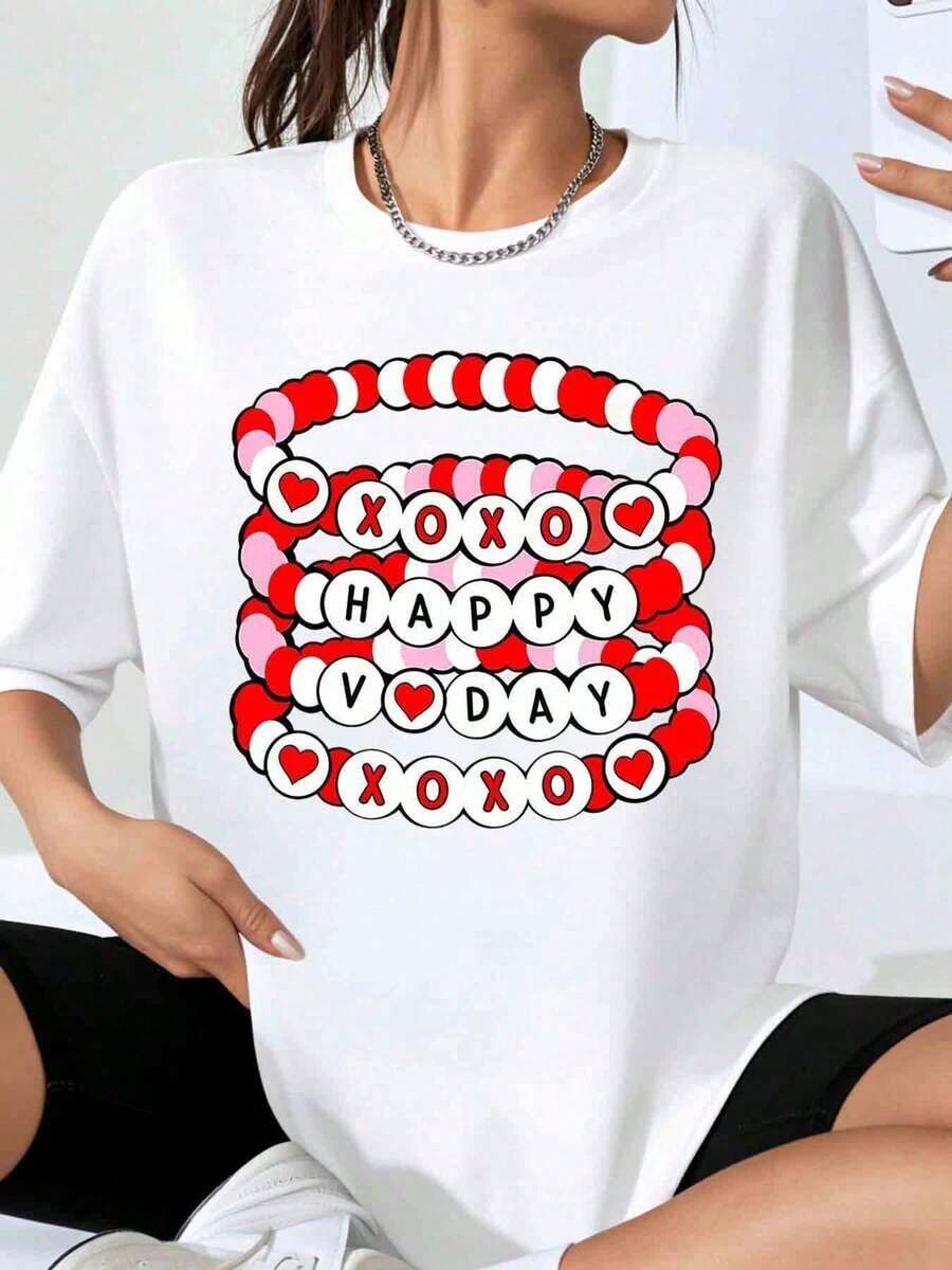 Women's Xoxo Heart Beaded Graphic T-Shirt For Valentine's Day, Casual Loose Fit, Valentine's Day Gift - 白色 - 查看 1