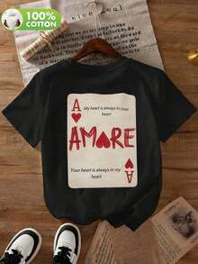 Camiseta de manga corta para mujer con estampado de cartas de juego, diseñada con la clásica asa de pica como base, con símbolos de corazón y la letra A impresos en las cuatro esquinas, y la letra A invertida en la parte inferior derecha que replica las características visuales de una carta de juego.Adecuado para uso diario informal en primavera, verano y otoño.Negro, transpirable y cómodo - Negro - Ver 3