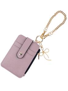 Faux Leather Card Wallet With Metal Wrist Chain, Multi Slot Snap Zipper Coin Purse, Mini Portable Key Pouch For Cards Cash Keys, Daily Accessory Gift - Multicolor - View 15