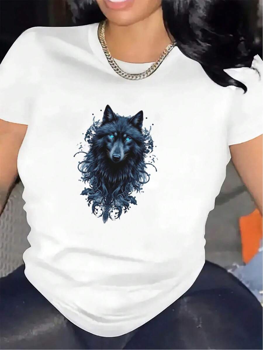 Camiseta con Diseño Intrincado de Lobo| Tejido Duradero, Ligero y Transpirable, Ajuste Cómodo, Camiseta Gráfica Elegante para Hombres y Mujeres, Cuello Redondo, Estampado, Ideal para Uso Casual en la Sala de Comidas - Negro - Ver 1