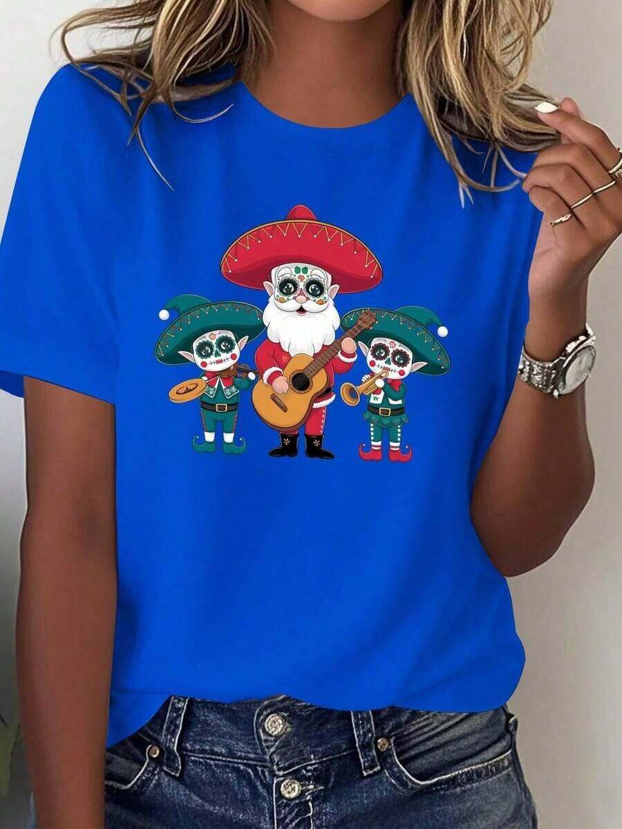 Women's Loose Lightweight Graphic Print T-Shirts - Mexican Mariachi Band Design - Bright Red Day Of The Dead Design With Skull And Maracas Motifs - 100% Casual And Comfortable Style, Suitable For Theme Parties, Festivals, And Everyday Wear - Mexican Cultural Clothing, Printed With Sombrero And Guitar Motifs - Machine Washable, Suitable For All Seasons - Festive Mariachi Band Theme - Loose Fit For All-Day Wear - Perfect For Traditional Mexican Events - 100% Cotton, A Popular Choice. Women's Basic Cotton Crew Neck T-Shirt - 藍色的 - 查看 1