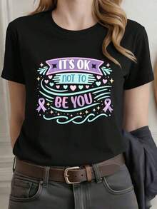 Loose-Fitting, Casual Graphic T-Shirt For Women, Black, Premium Cotton, Breathable, With An Artistic Print. Basic Crew Neck Cotton T-Shirt For Women - 黑色 - 查看 1