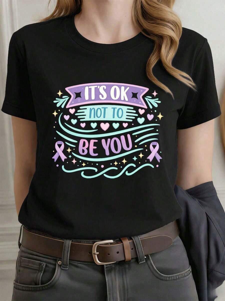 Loose-Fitting, Casual Graphic T-Shirt For Women, Black, Premium Cotton, Breathable, With An Artistic Print. Basic Crew Neck Cotton T-Shirt For Women - 黑色 - 查看 1