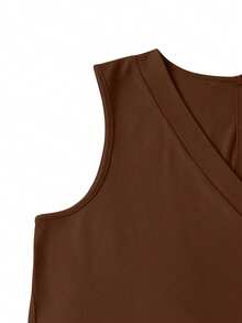 Mono de verano sin mangas con cuello en V de unicolor para mujer talla grande - Café integral - Ver 3