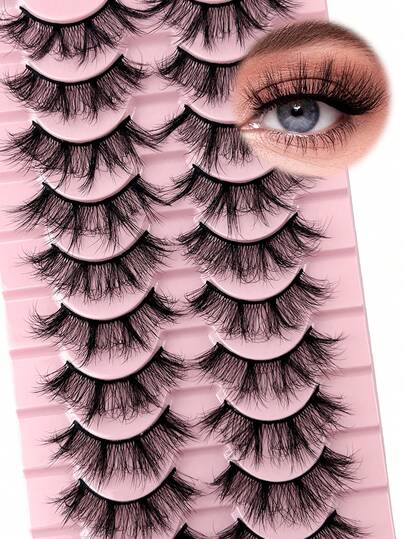 10 Pairs False Eyelashes D Curl Fluffy Dramatic Look Strips Lashes Wispy Black Band Volume Faux Mink Lashes Extensions 17mm Cross Design Long-Lasting Fake Eyelashes Suitable For Parties And Stage Makeup