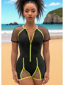 Nuevo traje de baño de una pieza para mujer, que disimula el abdomen y estiliza la figura, con cremallera y diseño hueco, traje de baño sexy estilo deportivo. - Versión con cremallera negra - Ver 6