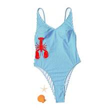 One-Piece Swimsuit With Multicolored Striped Lobster Print, Sexy, For Beach Vacation, Wholesale. - Pink Checkered - View 6