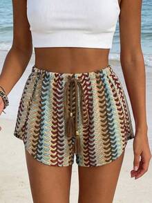 Women's Bohemian Style Beach Shorts, Openwork Knit With Print And Tassel Bow. - 圖片色2 - 查看 8