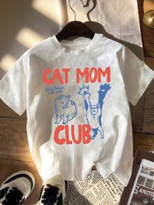 Women's "Cat Mom Club" Style Short-Sleeved T-Shirt, 100% Cotton, Loose Fit, "CAT MOM CLUB" Cat Illustration Print, Breathable And Cute Top, Summer Outfit For Cat Lovers, Letter Pattern, Adult Women's Short-Sleeved T-Shirt, Breathable Fabric, Suitable For Back To School Season, Outdoor Use, Ideal Gift. - 白色 - 查看 6