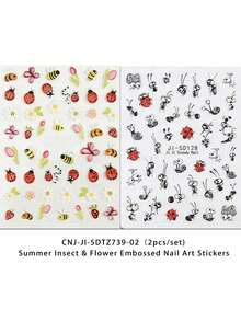 2pcs/Set Summer Insect & Floral 3D Nail Stickers - 5D Embossed Bee, Ladybug, Tulip Nail Art Decals - Handpainted Fresh Style DIY Nail Decoration - Suitable For Spring/Summer, Outdoor, Music Festival, Daily Party - Multicolor - View 9
