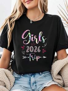 Women's Short-Sleeved, Round-Neck Spring/Summer T-Shirt With Travel 2026 Pattern Print - 黑色 - 查看 7