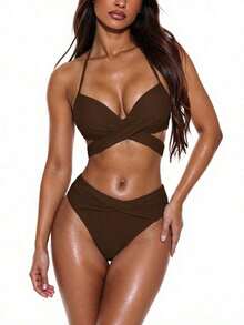 Swim Mod Conjunto de bikini de tirantes cruzados con envoltura de playa y soporte push-up para el verano - Marrón - Ver 2
