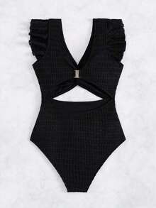 Traje de baño de una sola pieza con corte retorcido y recorte frontal, estampado a rayas para mujer en la playa en verano - Negro - Ver 5