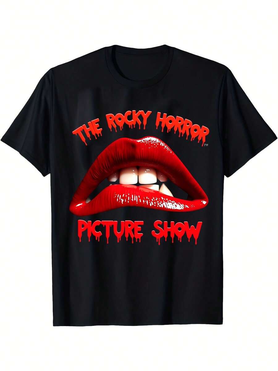 Camiseta de Manga Corta con Cuello Redondo y Estampado de Labios "Aventura Terrestre" para las Cuatro Estaciones - Negro - Ver 1