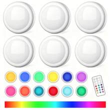 Luz LED tipo puck con control remoto, regulación de intensidad y temporizador, funciona con pilas (pilas no incluidas), diseño inalámbrico de presión, iluminación RGB de 13 colores - Adecuado para armarios, dormitorios, cocinas, debajo de escaleras - RGB - Ver 12